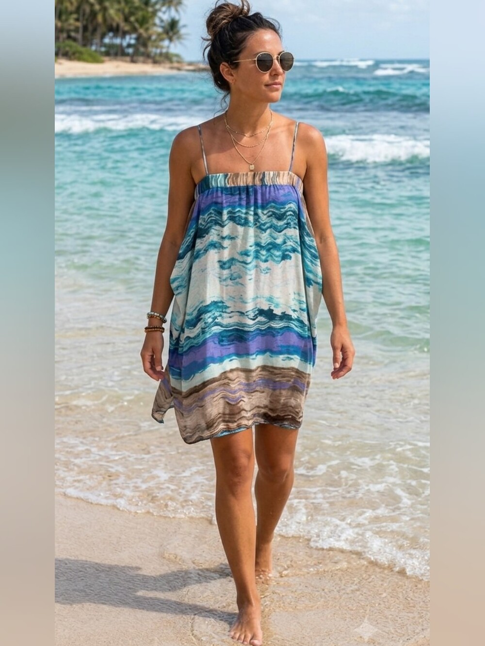 {Echo} 100% silk printed slip dress or tunic swimsuit cover-up